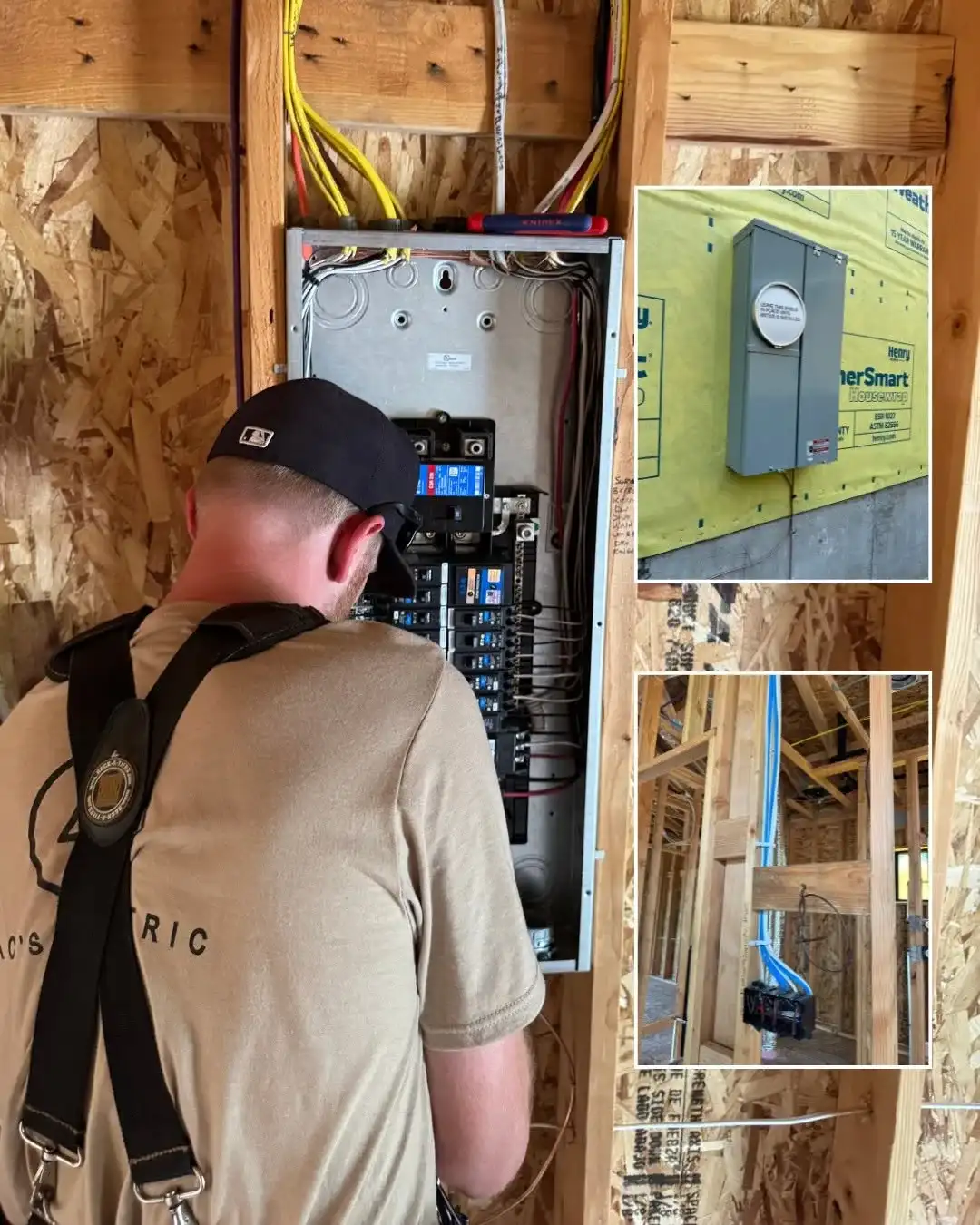 Electrician in a MAC's Electric shirt working in an open breaker panel inside new wall framing, with close-ups of an outdoor meter and new wiring
